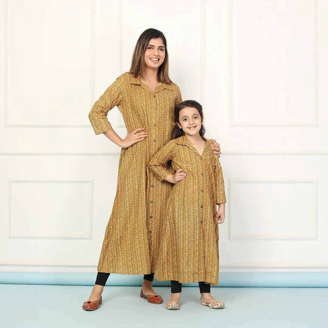 Stylish Coordinated Green Long Kurti Sets for Moms and Daughter
