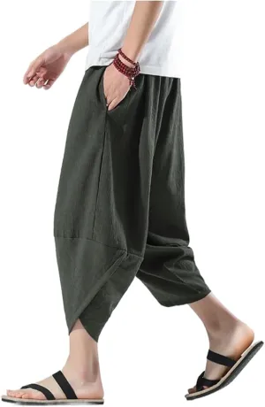Summer Length Casual Men' Pants Wide Leg Cotton Linen Harem Baggy Clothing
