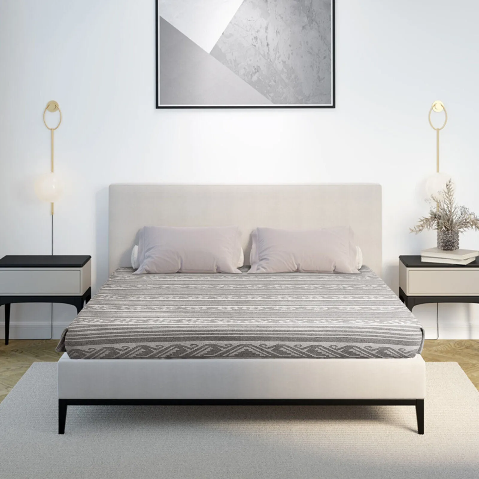 Tivacuno - Heavy and Thick Extra Large Llama wool artisanal handwoven Blanket - Ivory/Gray - Aztec Wave Pattern