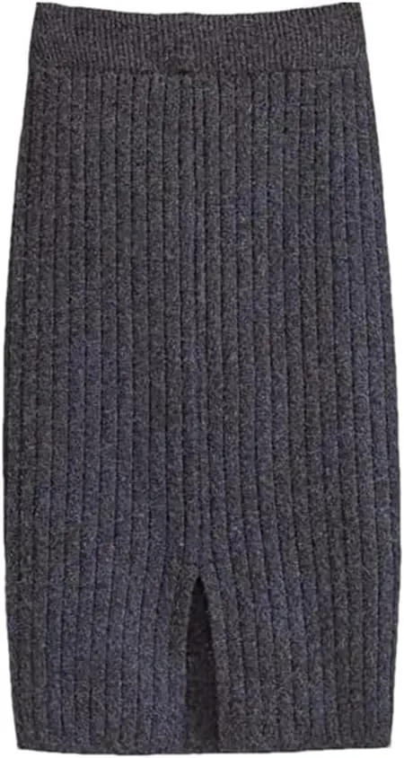 Vsadsau Women's Knitted Midi Skirt Fall Winter Solid Color Elastic Waist A-Line Skirt Pencil Skirts