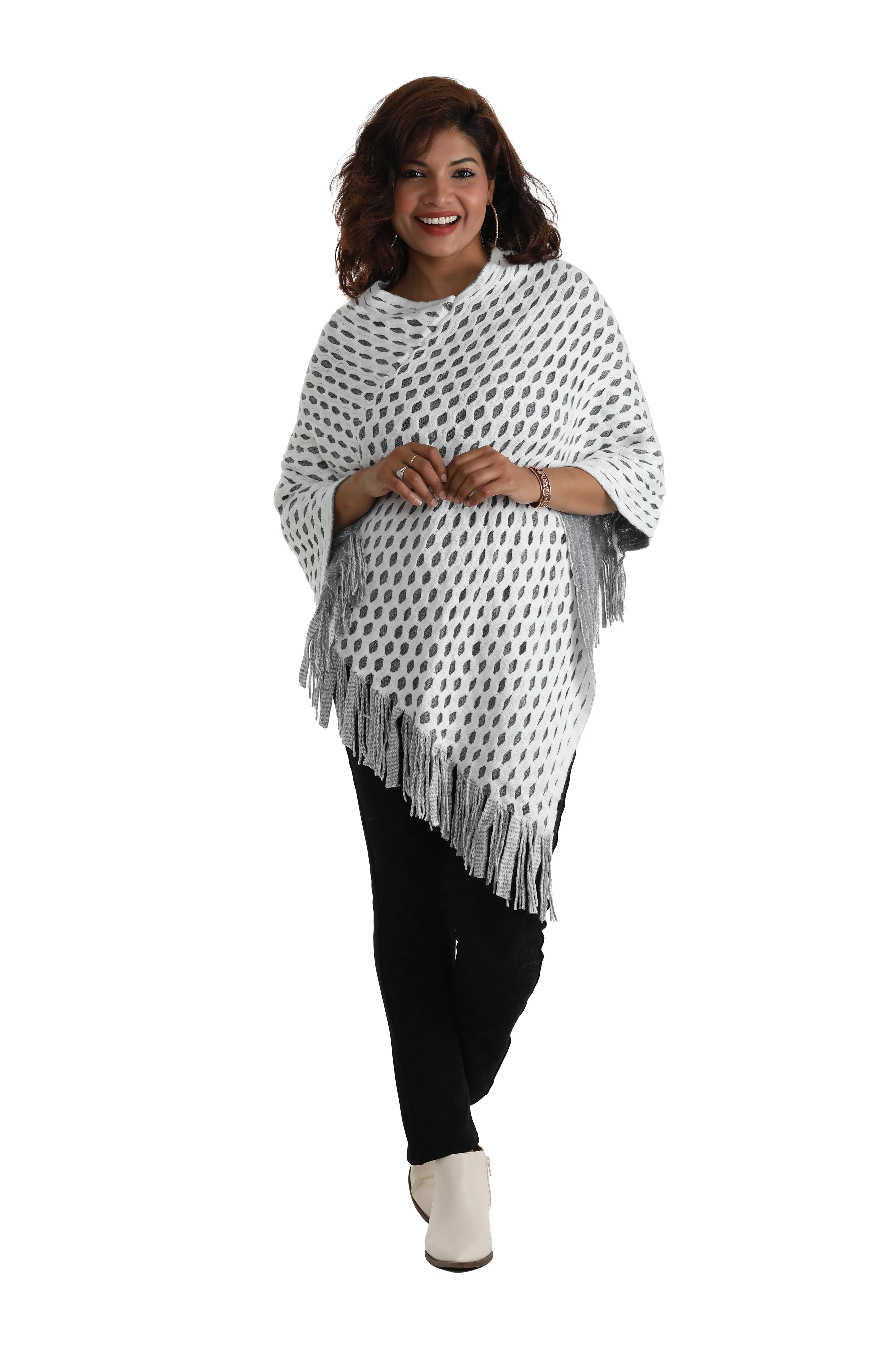Waffle Knit Fringed V-Neck Poncho