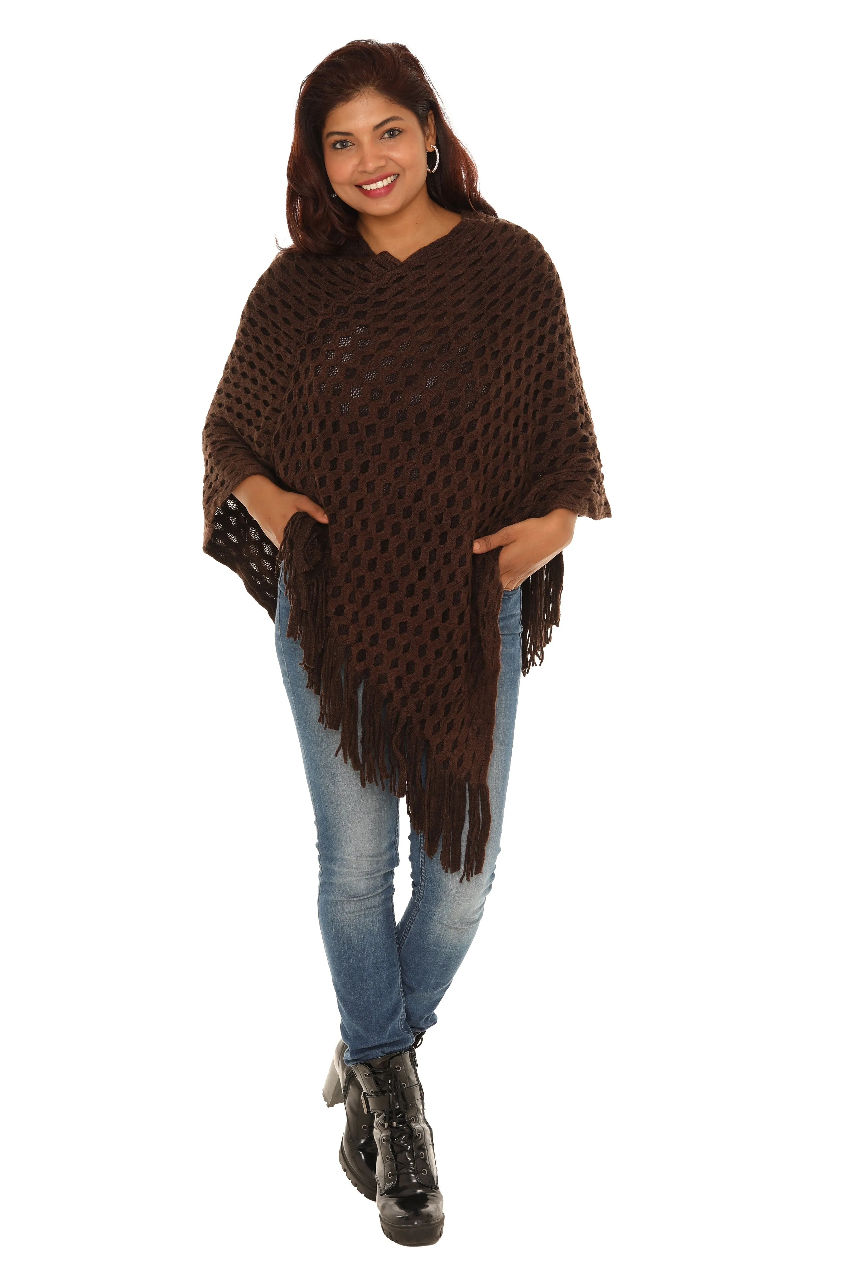 Waffle Knit Fringed V-Neck Poncho