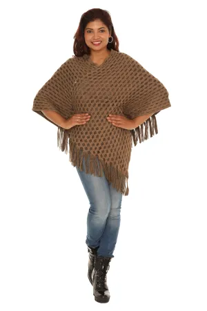 Waffle Knit Fringed V-Neck Poncho