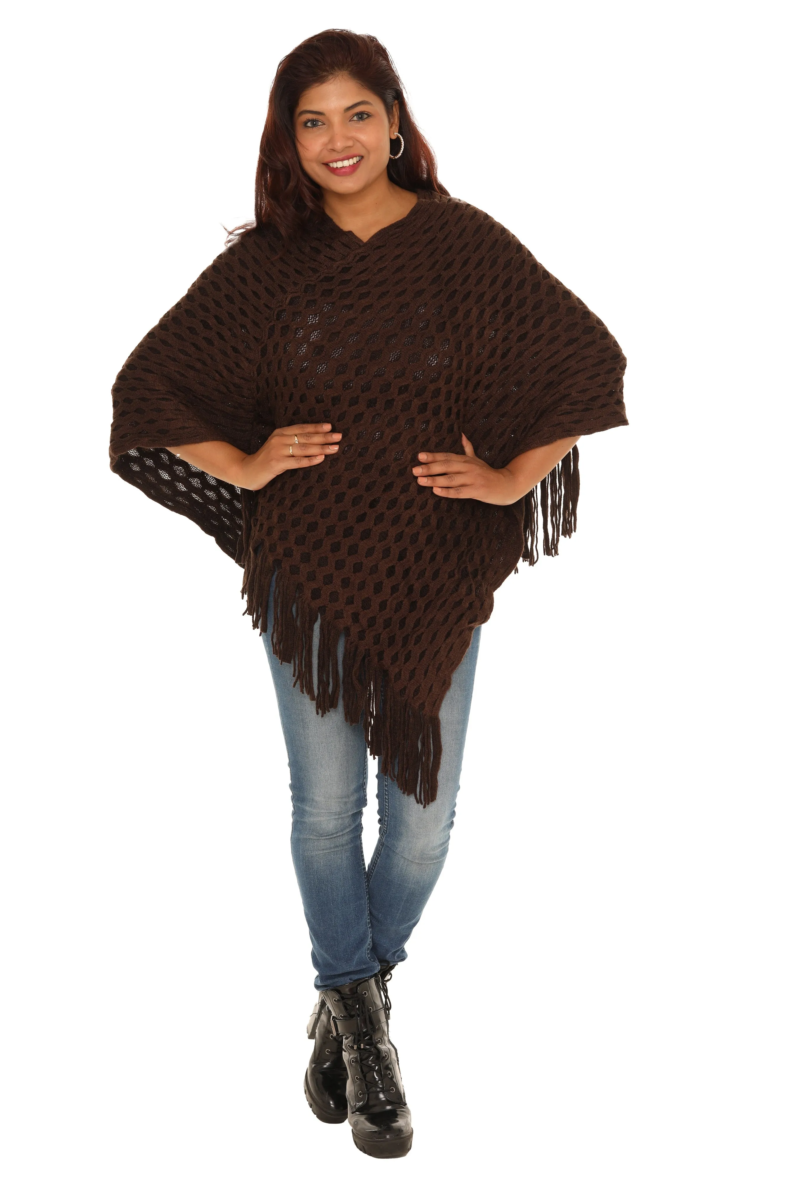 Waffle Knit Fringed V-Neck Poncho