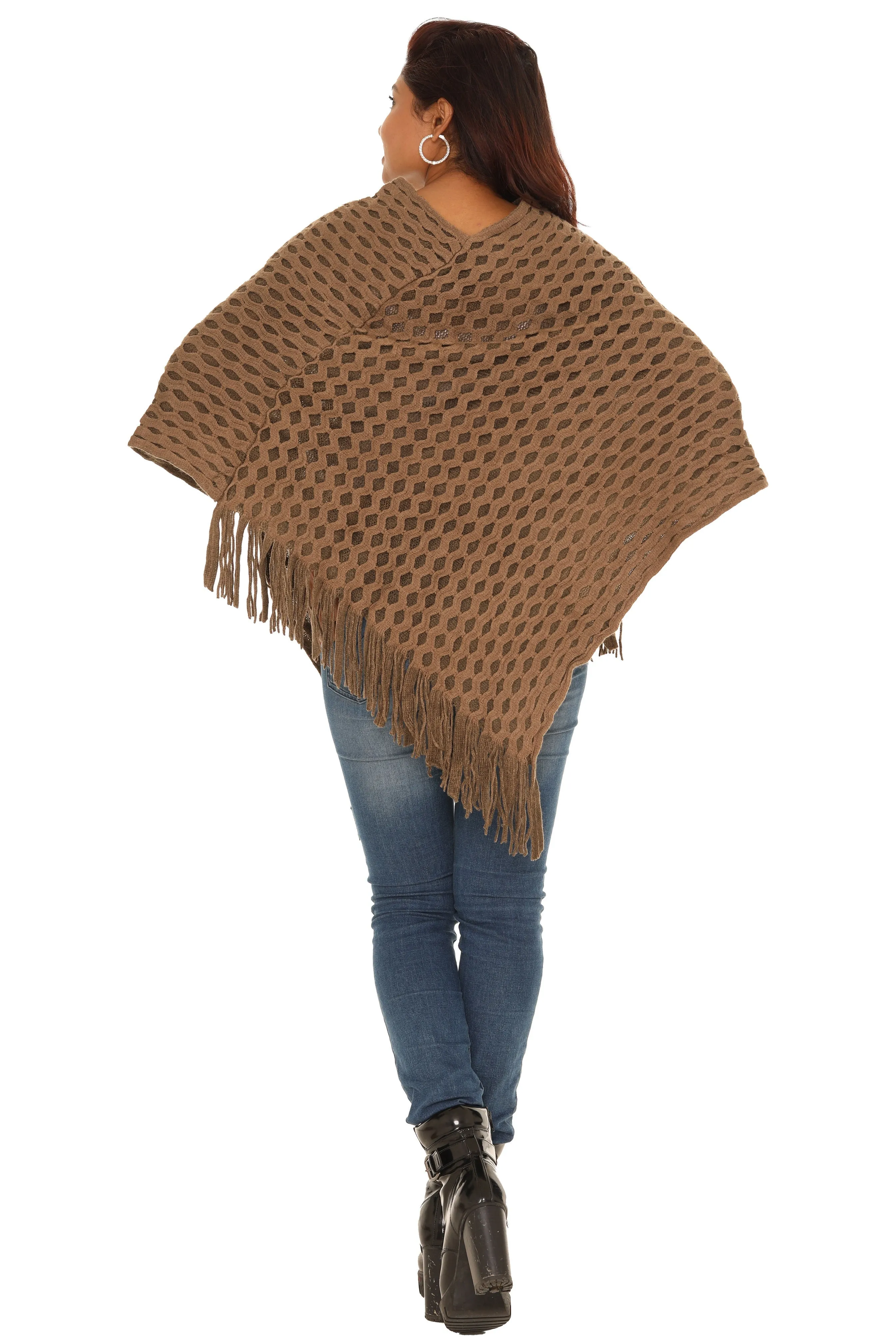 Waffle Knit Fringed V-Neck Poncho
