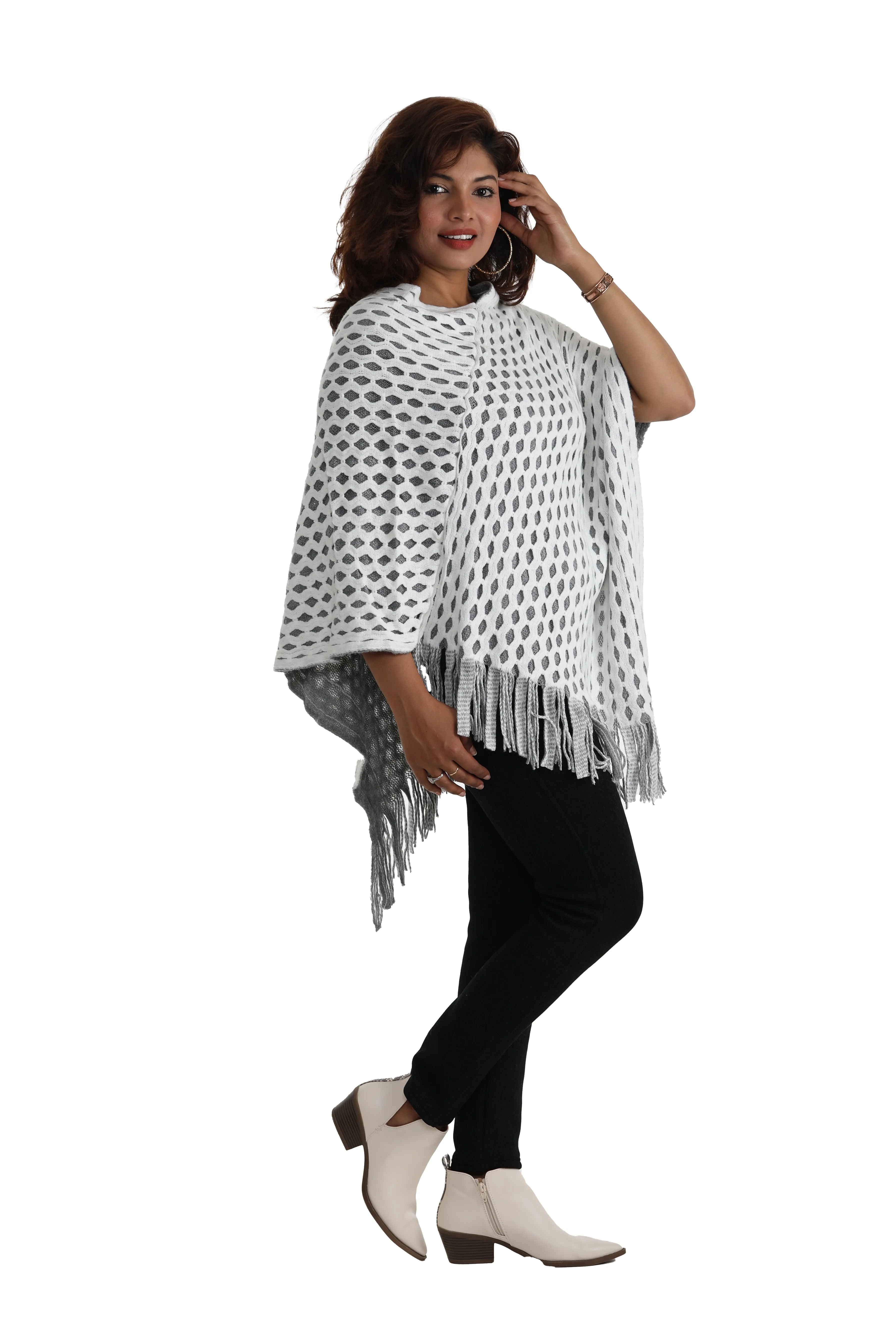 Waffle Knit Fringed V-Neck Poncho
