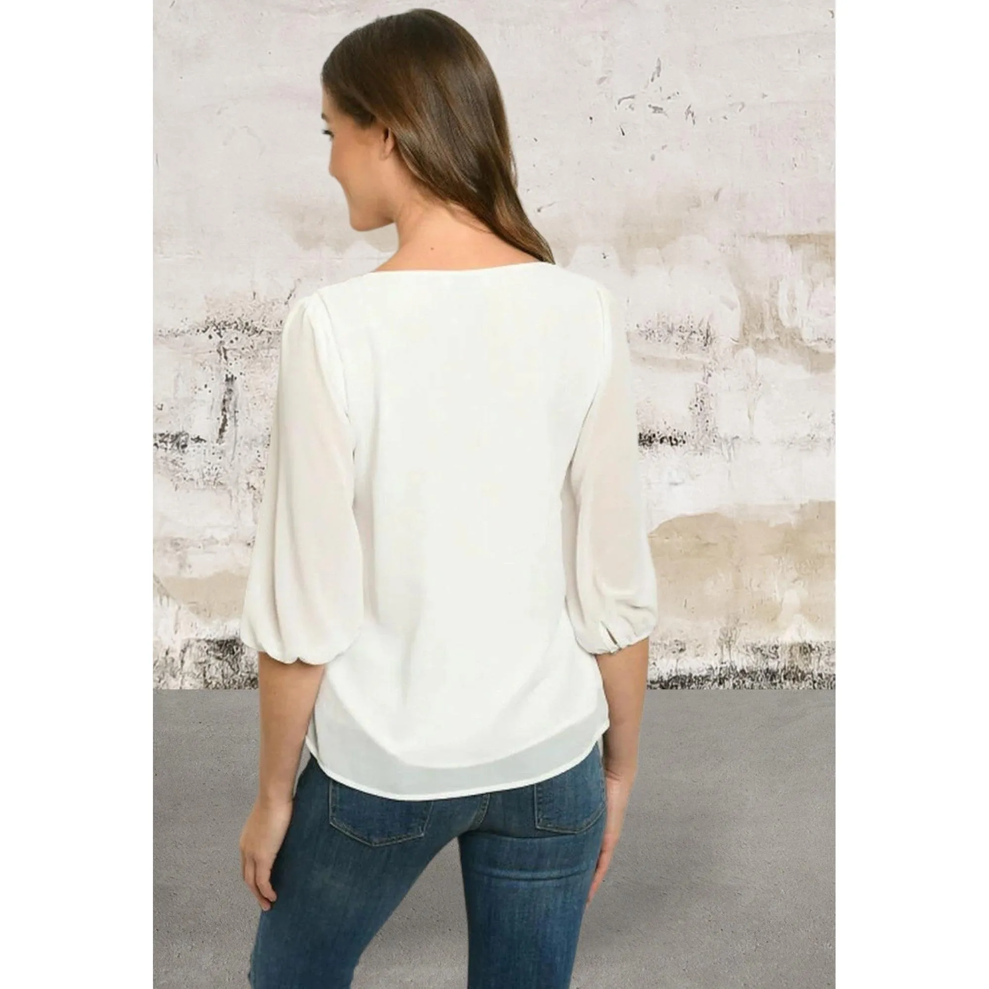 White half puff sleeve scoop neck top