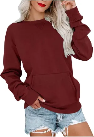 Women Round Neck Pullover Shirts Long Sleeve Solid Color Casual Sweatshirt Loose Fit Casual Tops with Pocket Fall Clothes