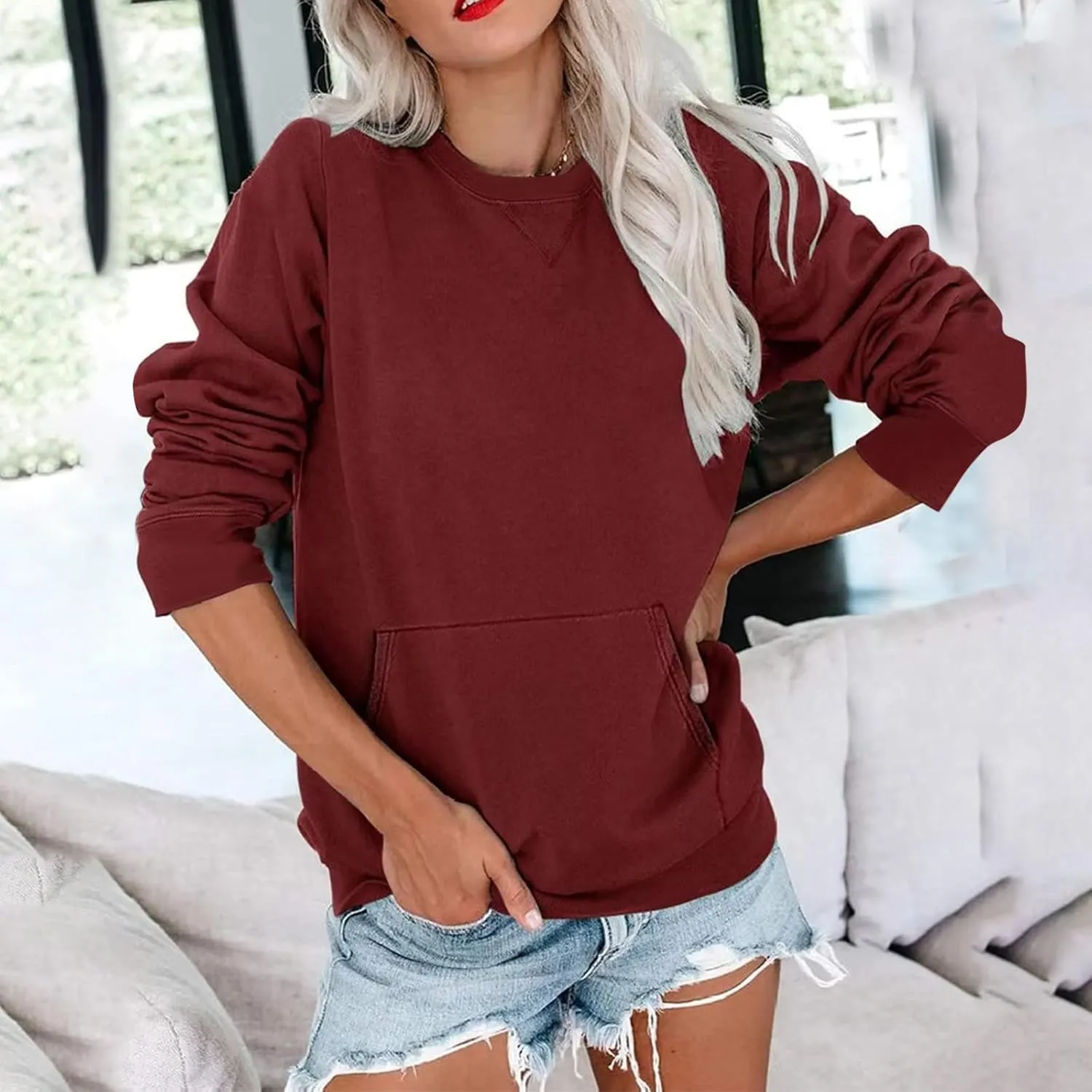 Women Round Neck Pullover Shirts Long Sleeve Solid Color Casual Sweatshirt Loose Fit Casual Tops with Pocket Fall Clothes