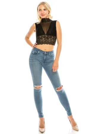 Women's Lace Mesh Design Highneck Padded Crop Top Back Zipper