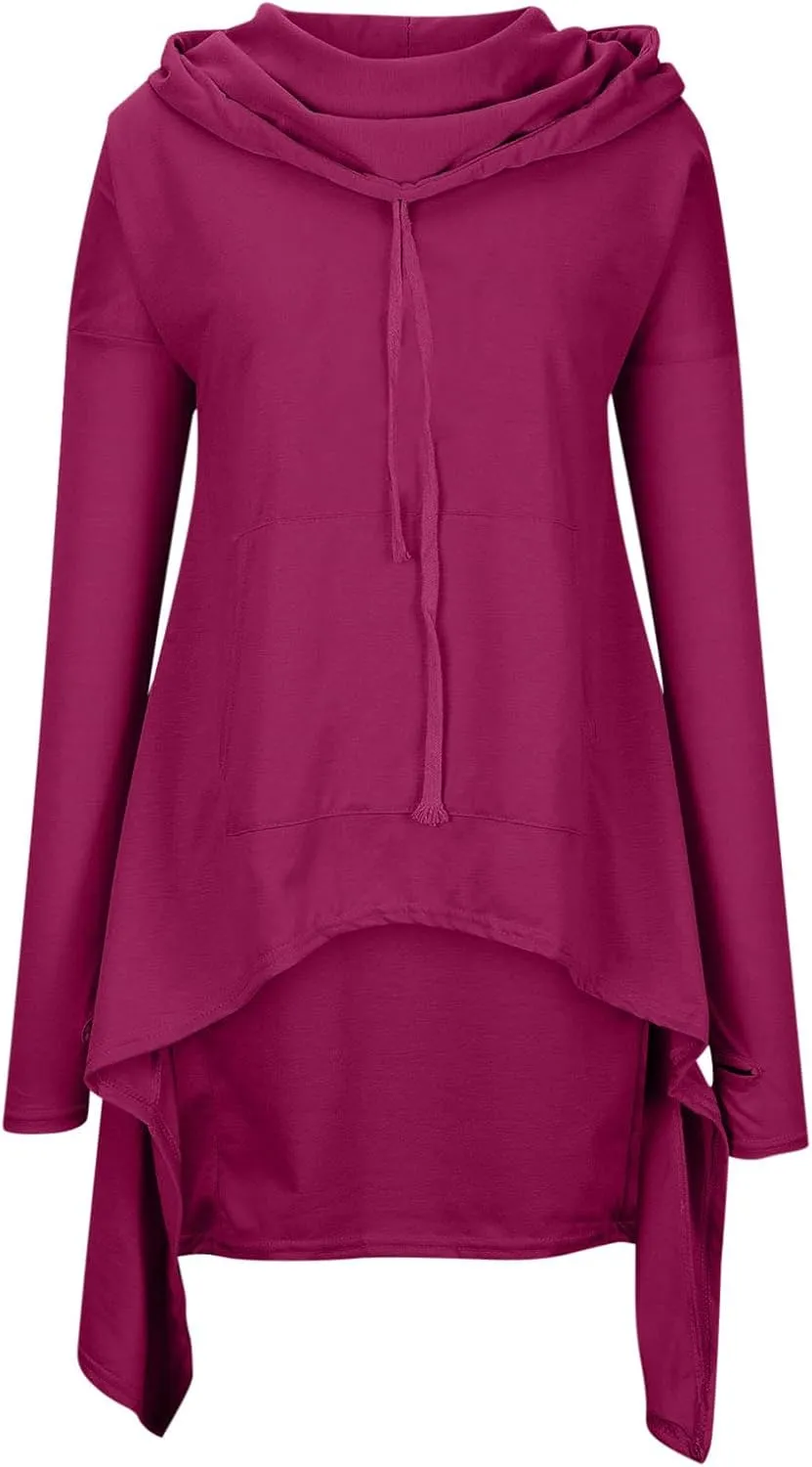 Womens Long Sleeve Pullover Hoodies Solid Color Turtle Neck High Low Hem Sweatshirt Loose Fit Casual Fall Fashion Tops