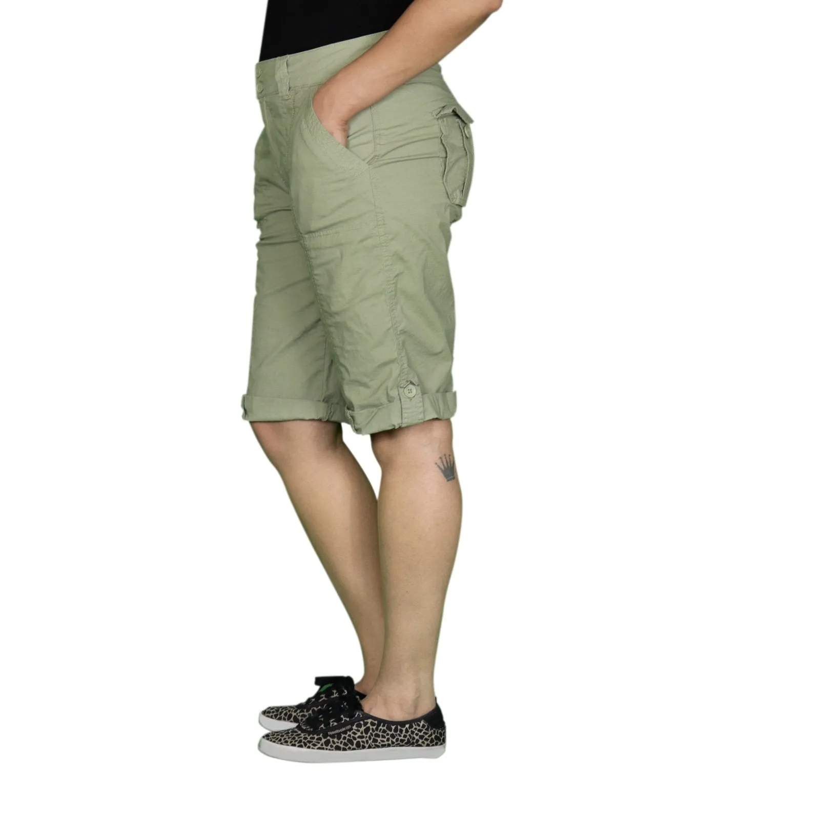 Womens Olive Green Stretched Bermuda Relaxed- fit Short Pants.
