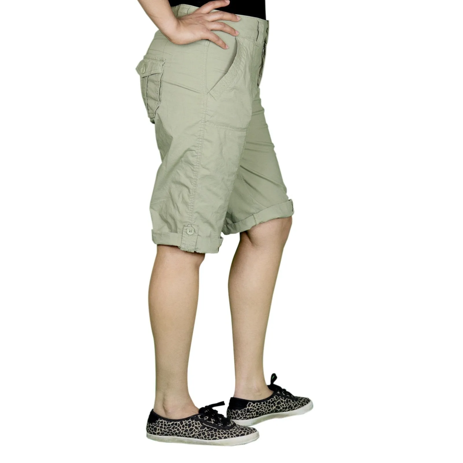 Womens Olive Green Stretched Bermuda Relaxed- fit Short Pants.