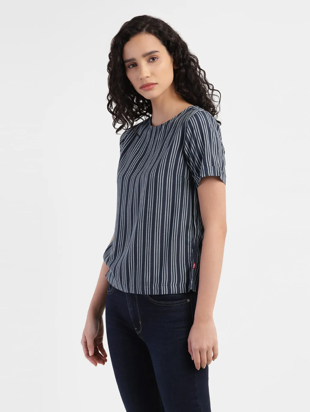 Women's Striped Navy Round Neck Tops