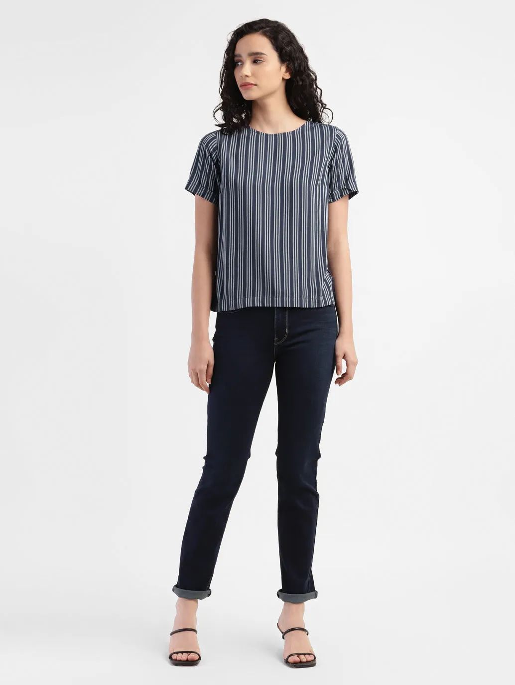 Women's Striped Navy Round Neck Tops