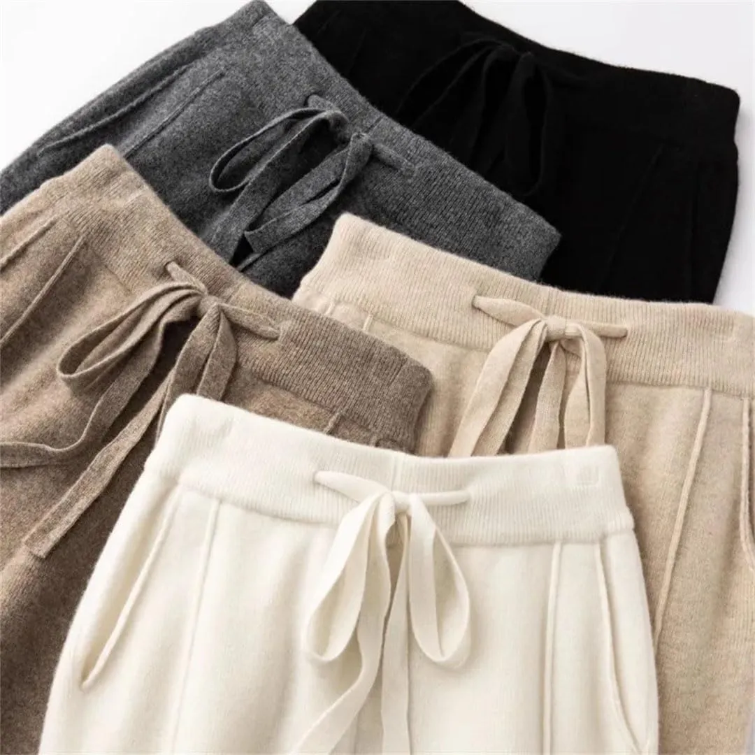 Women's Winter Knitted Harem Pants High Waist Drawstring Loose Warm Wear Trousers