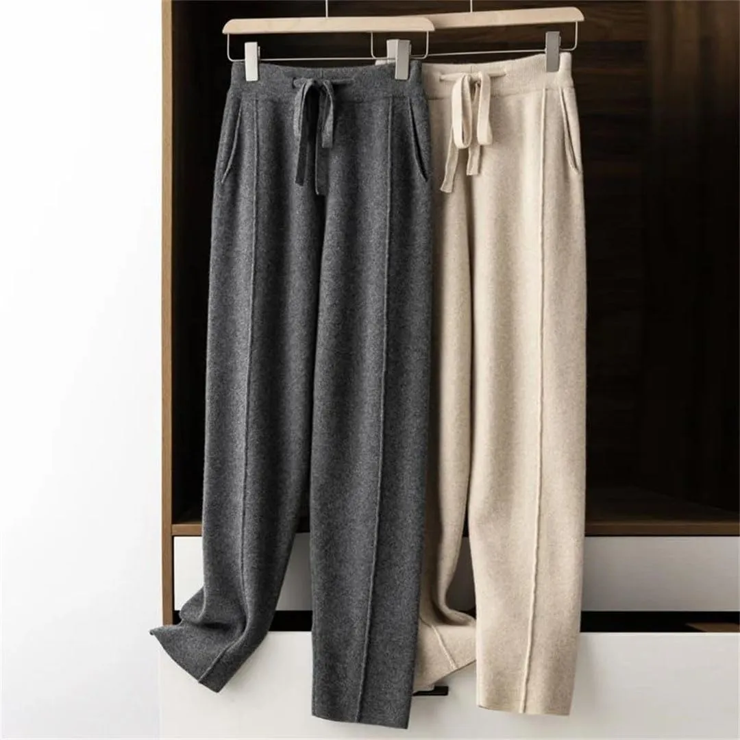 Women's Winter Knitted Harem Pants High Waist Drawstring Loose Warm Wear Trousers