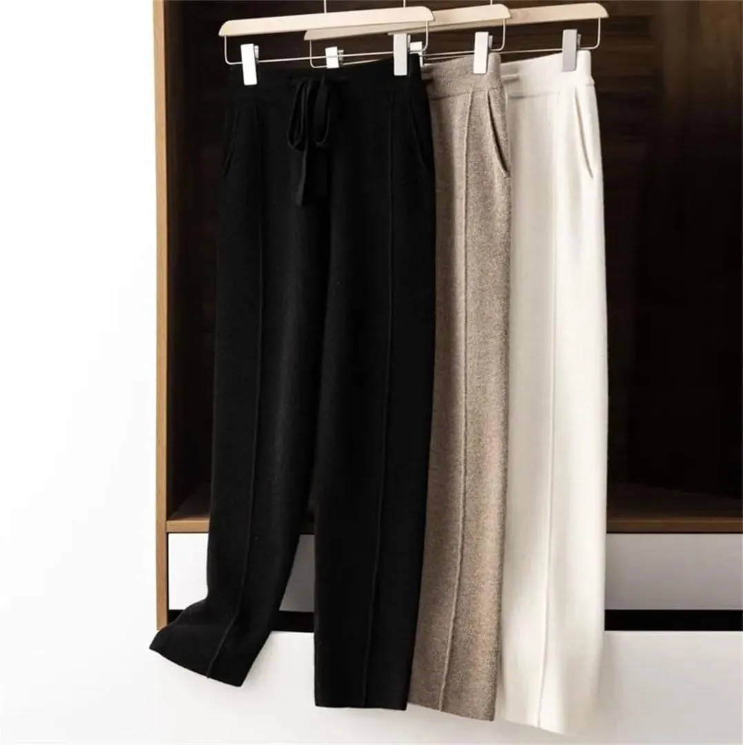 Women's Winter Knitted Harem Pants High Waist Drawstring Loose Warm Wear Trousers
